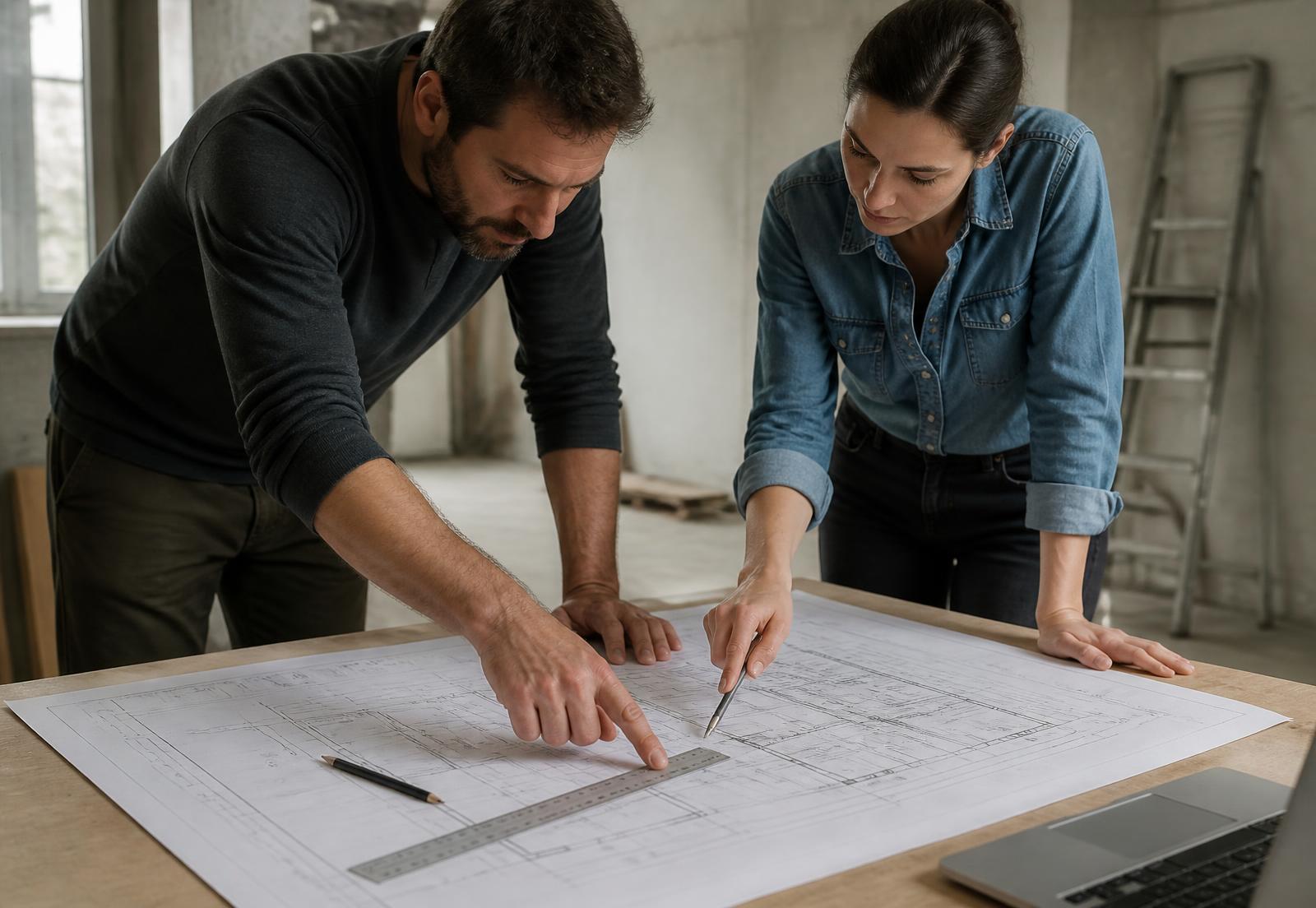 Twee medewerkers van Nieuw Spoor Bouwburo bespreken een bouwkundige tekening op de werktafel